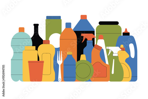 Bottle plastic vector illustration of various colorful cleaning supplies and containers