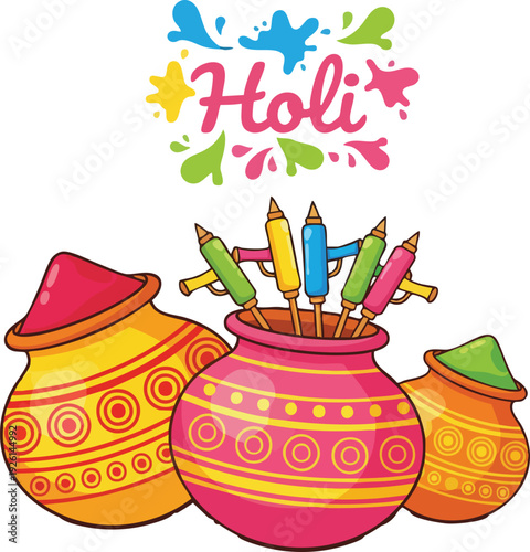 Colorful pots and water guns for the hindu festival of holi celebration