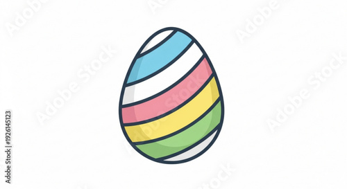 Colorful striped easter egg with blue pink yellow green and white horizontal bands on plain background
