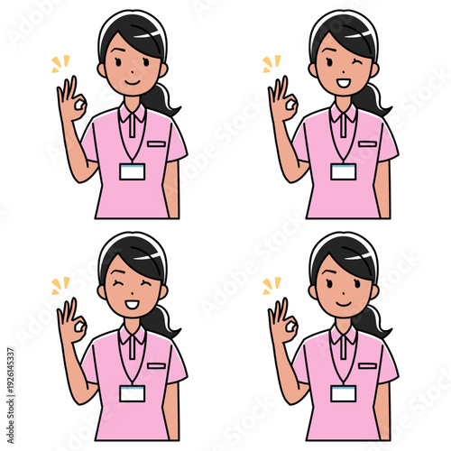 笑顔でOKサインをするポロシャツの東南アジア系女性のイラスト