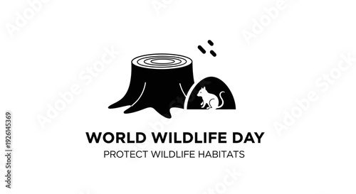 Vector illustration of a World Wildlife Day logo featuring a tree stump and endangered animal, promoting wildlife conservation awareness on March 3.
