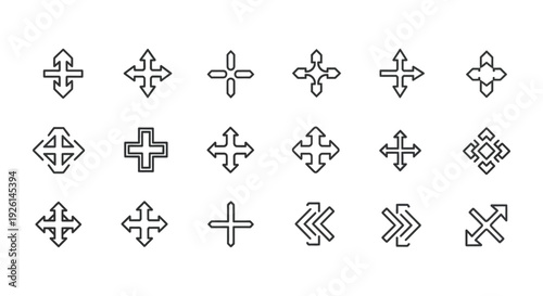 Collection of minimal outline vector icons representing various directional movement, resize, and expansion interface symbols
