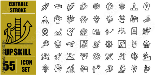 Collection of fifty various black and white line icons related to growth