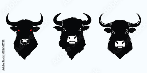 Three Black Bull Heads Silhouette with Different Expressions.
