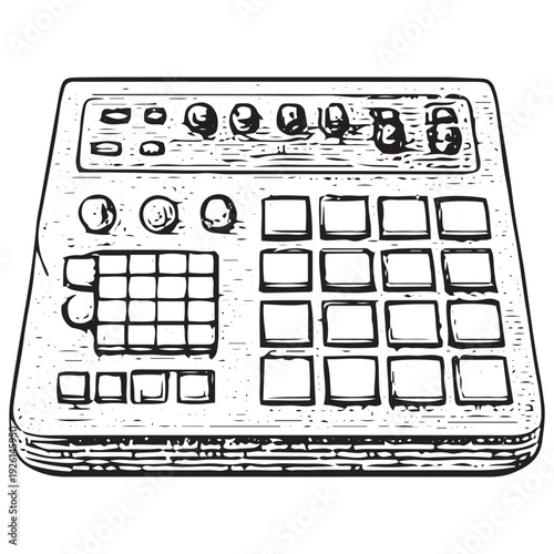 Vintage Drum Machine Sampler Pad Beat Maker Music Production Controller Illustration