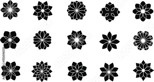 Collection of 12 unique black floral patterns on a white background for design and decoration purposes