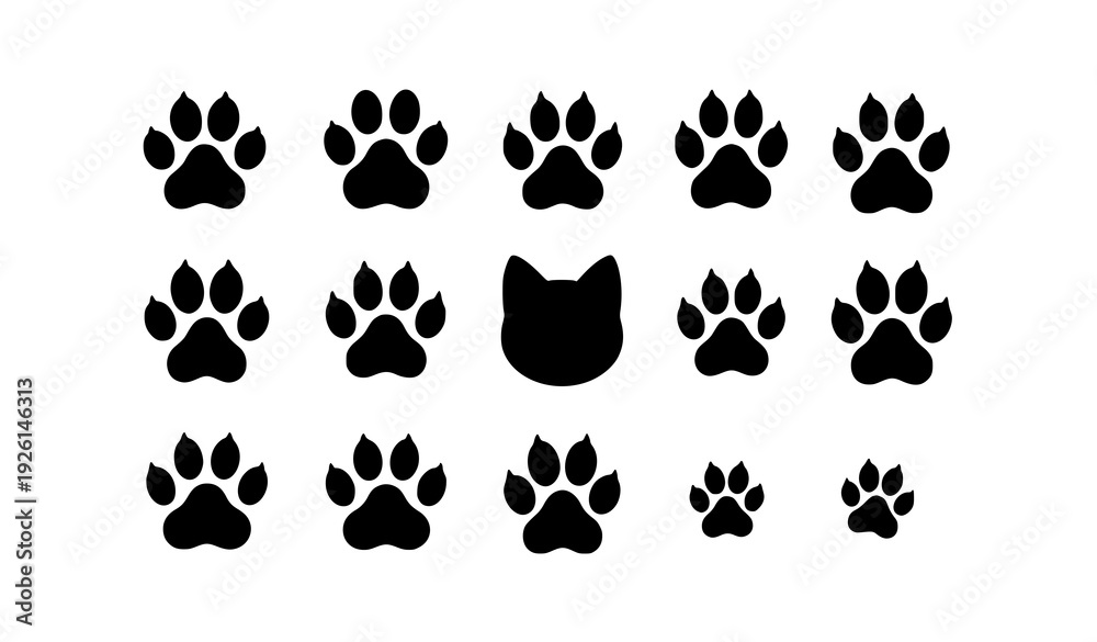 Fototapeta premium Dog and Cat Paw Print Flat Vector Icon Set Pet Footprint Silhouette Collection