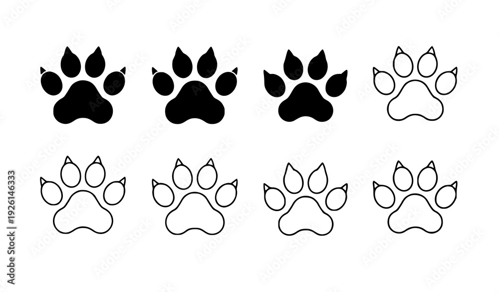 Fototapeta premium Modern Dog Cat Paw Print Logo Flat Vector Pet Footprint Icon Collection