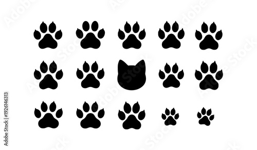Dog and Cat Paw Print Flat Vector Icon Set Pet Footprint Silhouette Collection