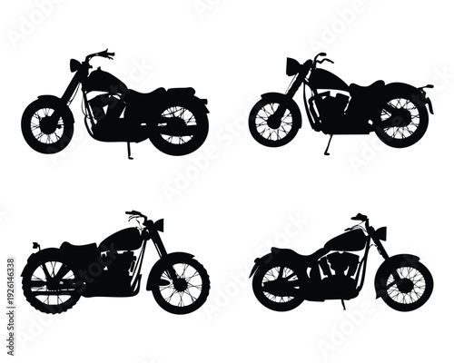 Four Silhouette Motorcycles Collection Vector Art.
