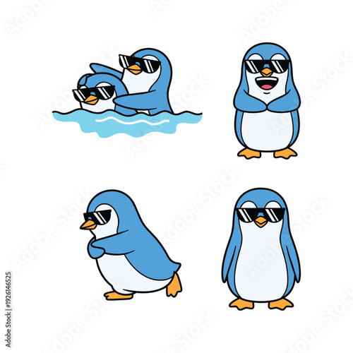 Cool penguins wearing sunglasses in various poses on white background