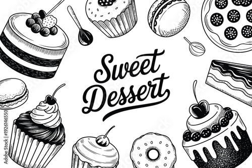 A sweet dessert illustration featuring various tasty baked goods and treats