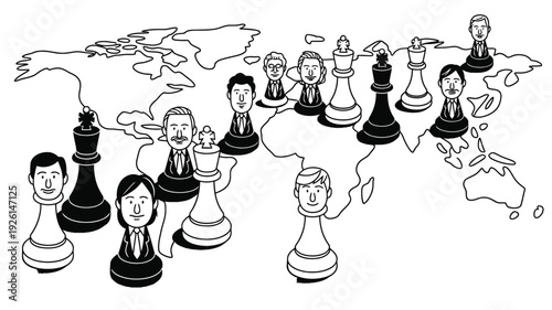 Business people chess pieces on a world map illustration