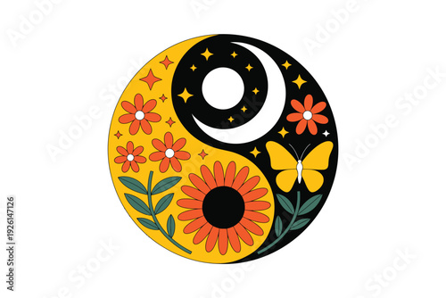 A vibrant yin yang symbol illustration with flowers and butterfly
