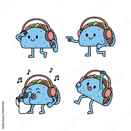 Cartoon taco characters dancing with headphones in fun vibrant style