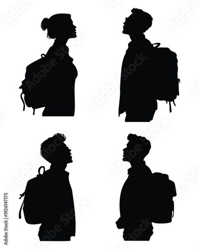 Silhouettes of four young people with backpacks looking up.