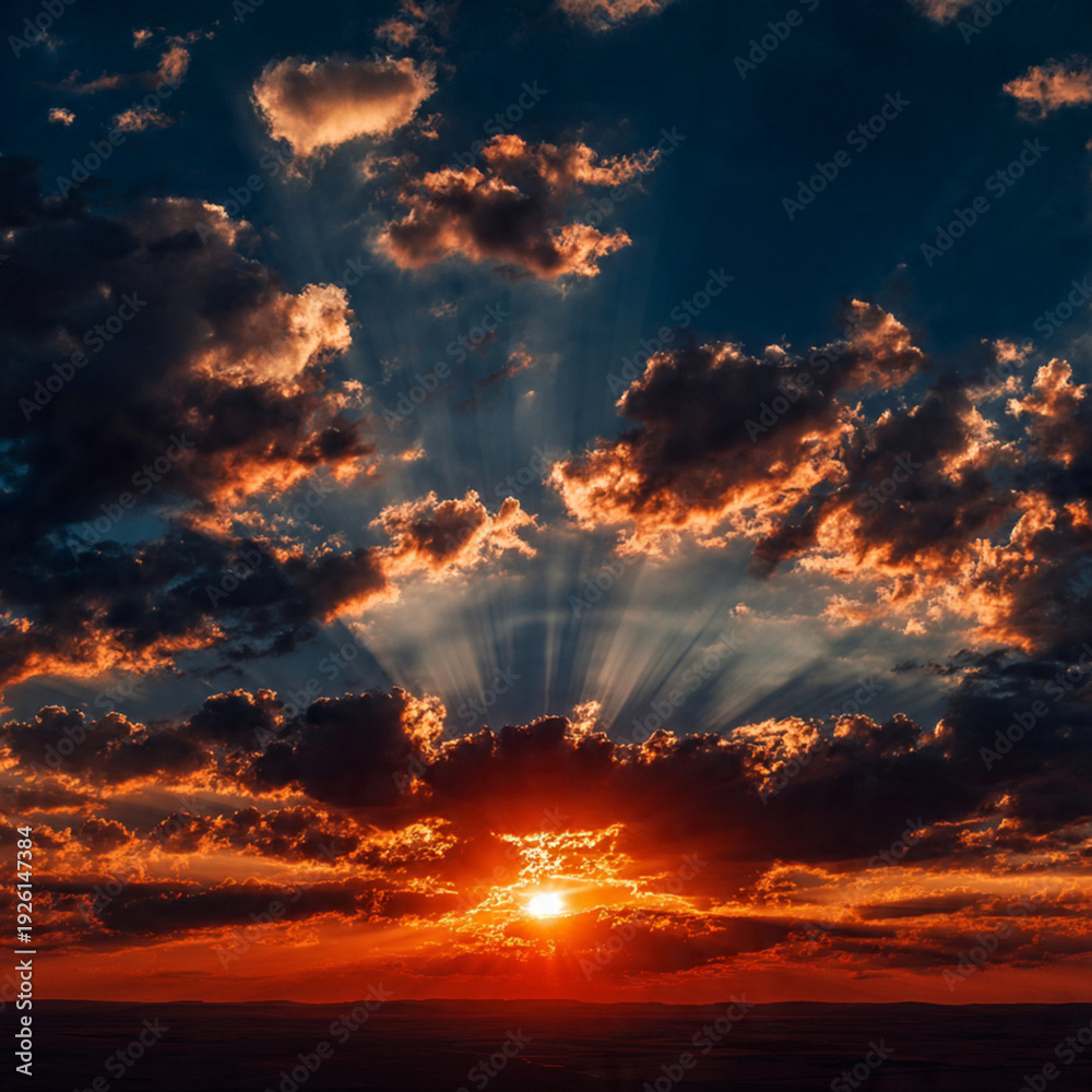 Fototapeta premium Dramatic Sunset with Golden Sun Rays Breaking Through Clouds