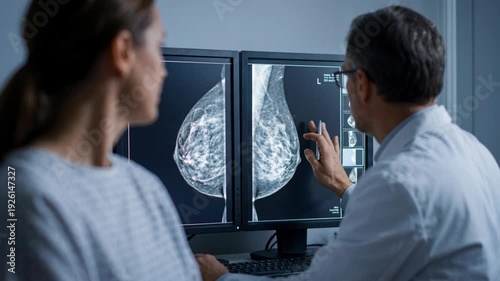 Radiologist reviews diagnostic mammogram breast imaging and sensor images with patient discussing screening mammography diagnostic findings next
