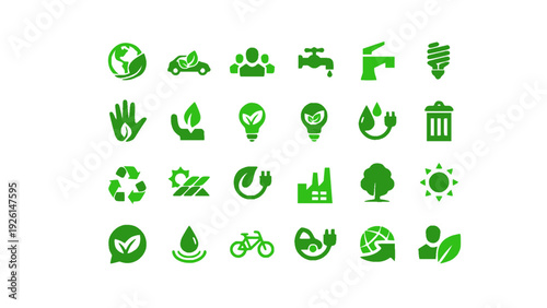 Flat design green eco lifestyle icon set featuring recycling, clean energy, water conservation, eco transport, and organic living symbols.