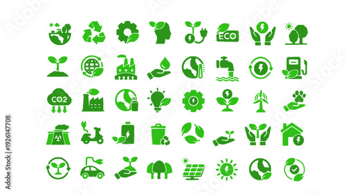 Professional green energy and climate protection icon collection. Includes wind turbines, solar power, recycling arrows, water conservation, electric vehicles, and environmental care symbols.