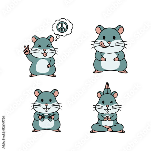Cute cartoon mice with different gestures and accessories in a set