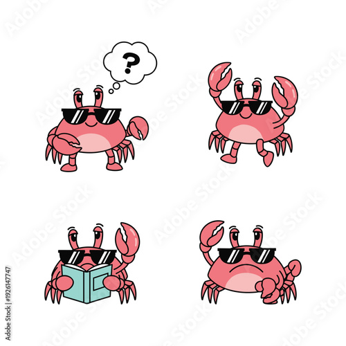 Cartoon crabs wearing sunglasses in various poses with thought bubble and book