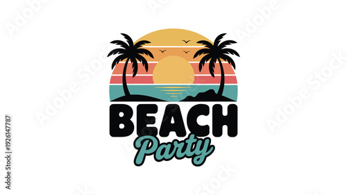 Vibrant beach party logo with sunset and palm trees design
