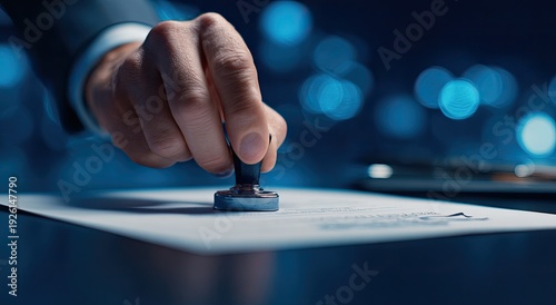 Close-up of a Hand Stamping a Document with a Seal of Approval.