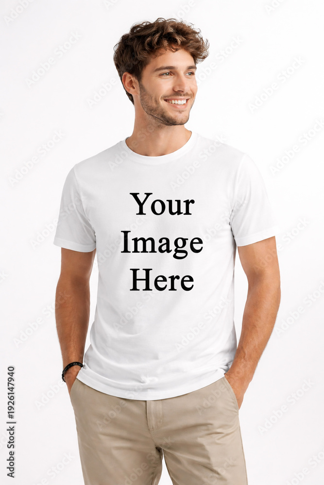 Fototapeta premium Smiling man in a white t-shirt mockup with hands in pockets.
