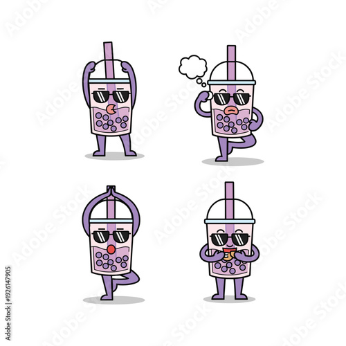 Cartoon bubble tea characters in various poses with sunglasses and straws