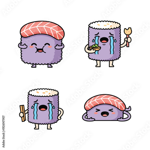 Cute cartoon sushi crying with different emotions and accessories on white background