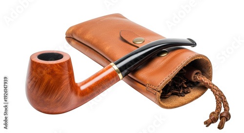 Wooden tobacco pipe with leather pouch and tobacco isolated