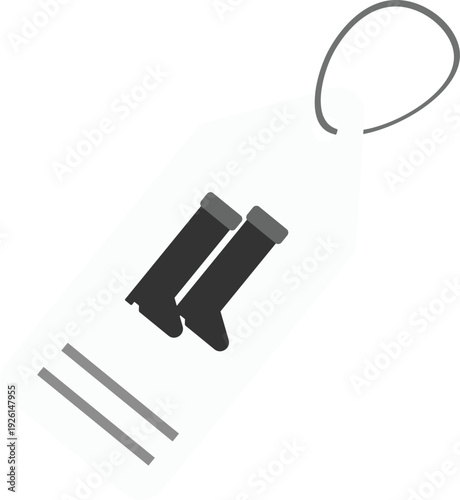 Flat vector illustration of a white paper merchandise tag featuring a black pair of boots or wellies. The design includes two grey lines for pricing or text and a thin grey loop string.