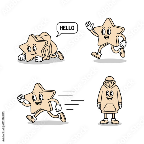 Cartoon star character greeting and running with different expressions