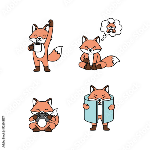 Cartoon fox character in various poses and emotions with copy space
