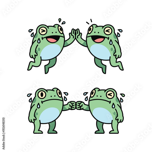 Cartoon frogs giving high five and holding hands in friendship gesture