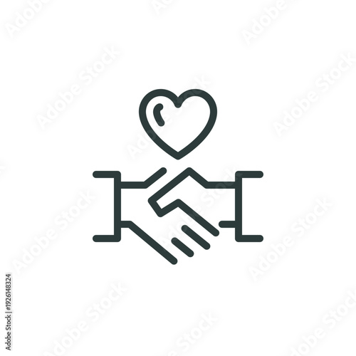 Handshake friendly agreement partnership deal corporate trust contract thin outline icon. Minimalist line sign two hands shaking each other and heart symbol. Vector isolated pictogram for web and app.