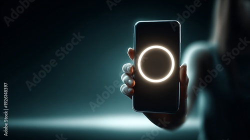Person holding a smartphone with a glowing ring on the screen in a dark environment