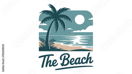 Relaxing beach scene with palm tree and ocean waves under a crescent moon