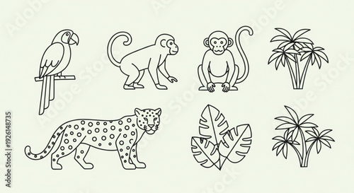 Tropical jungle wildlife icons set with monkey parrot leopard and palm trees