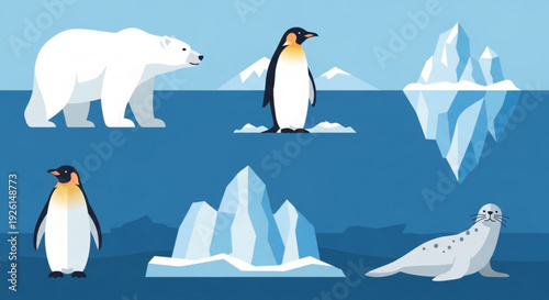 Arctic wildlife scene with polar bear penguins seal and icebergs in ocean landscape