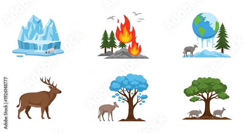 Climate change icons set iceberg forest fire global warming wildlife and trees
