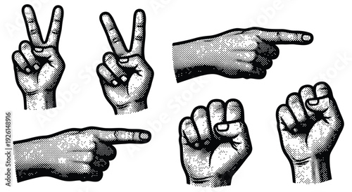 Stylish monochrome halftone hand icon collection with bold graphic contour