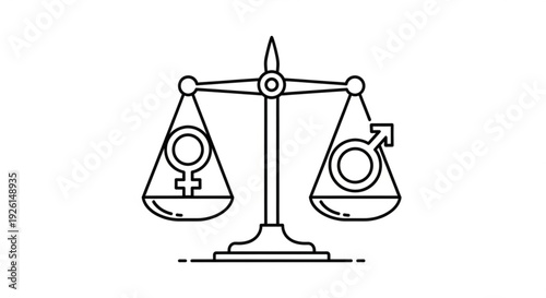 Balanced scales with male and female symbols on each side representing equality and fairness in a simple line drawing style on a white background
