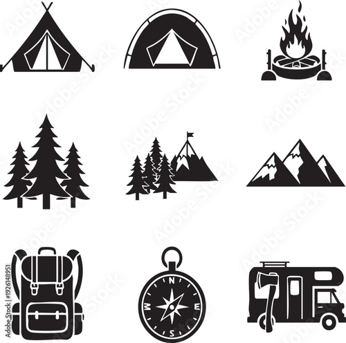 Camping Icons Featuring Tents and Equipment.