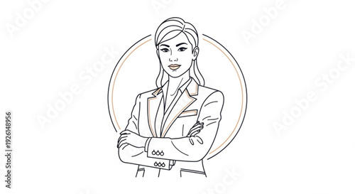 Confident businesswoman with crossed arms standing in front of a circular background wearing a blazer