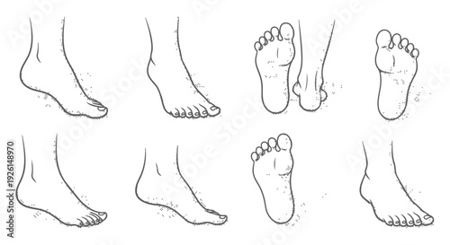 Anatomical halftone foot illustration set with side and bottom views in vintage comic style