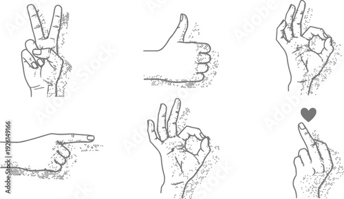 Abstract trendy hand symbol collage featuring peace, like and cool signs in pop art style