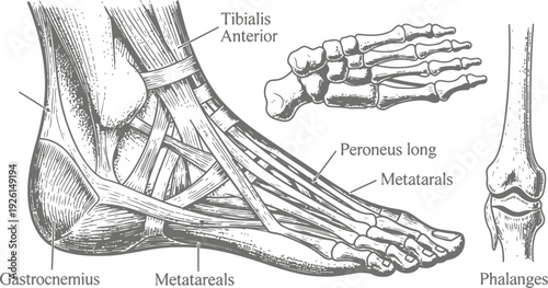 Medical human foot outline collection with retro halftone shading and detailed line art