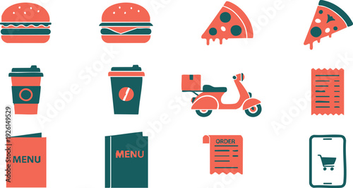 Food Delivery Icons Set with Menu and Scooter.